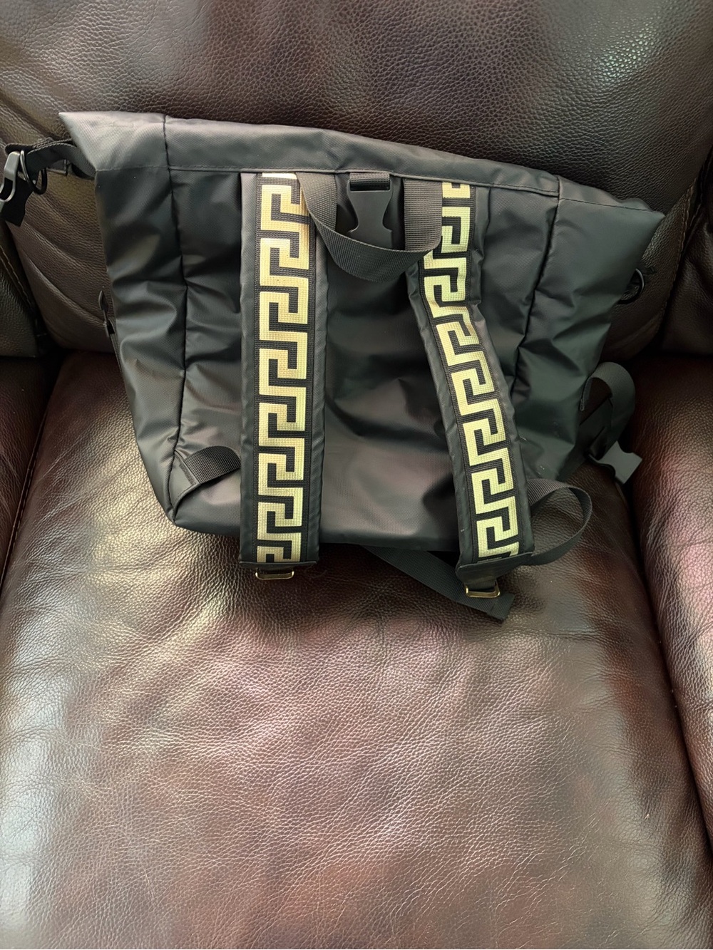 Men's Black Backpack with Gold Geometric Strap Accents